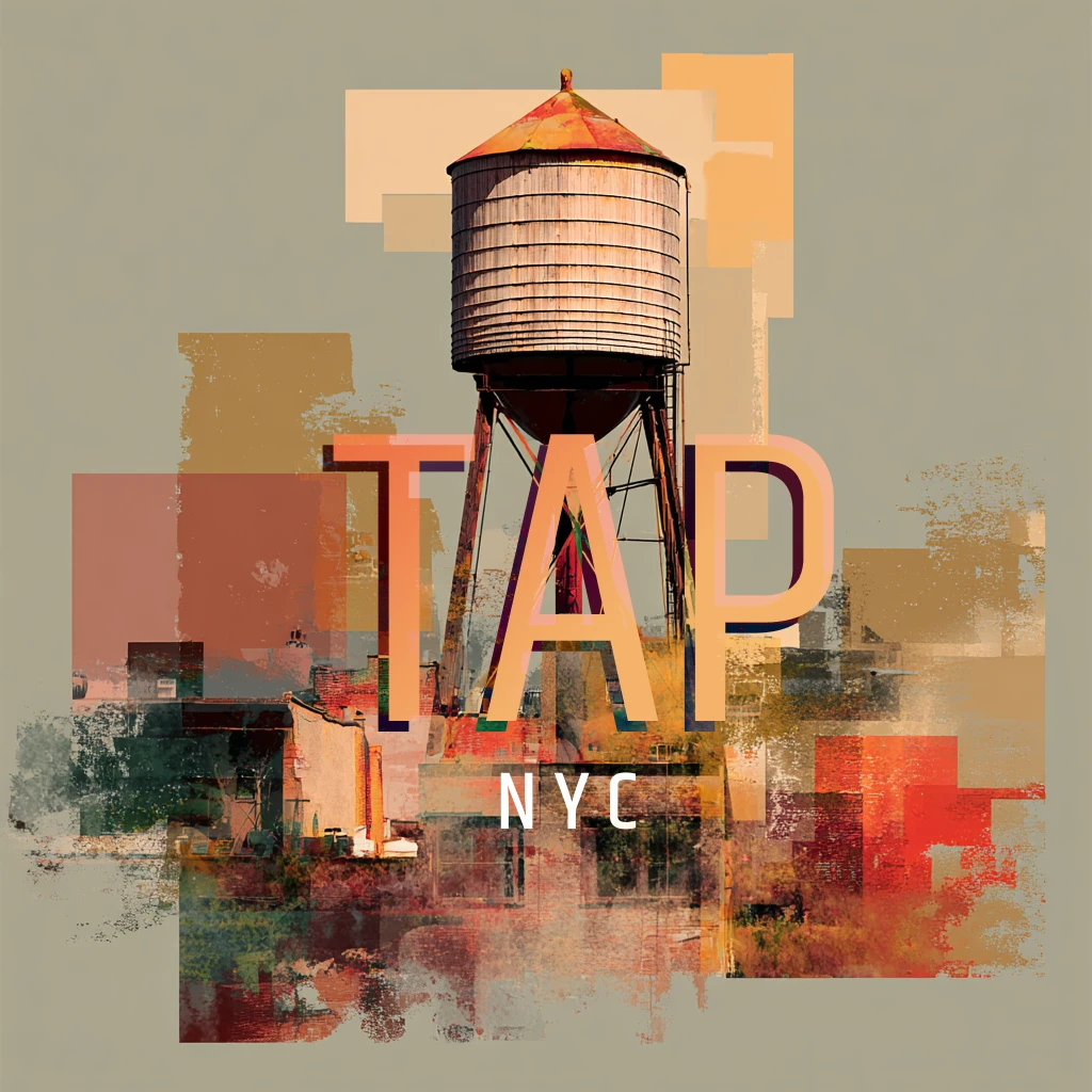 TAP NYC poster: a New York water tower over a collage of city color
