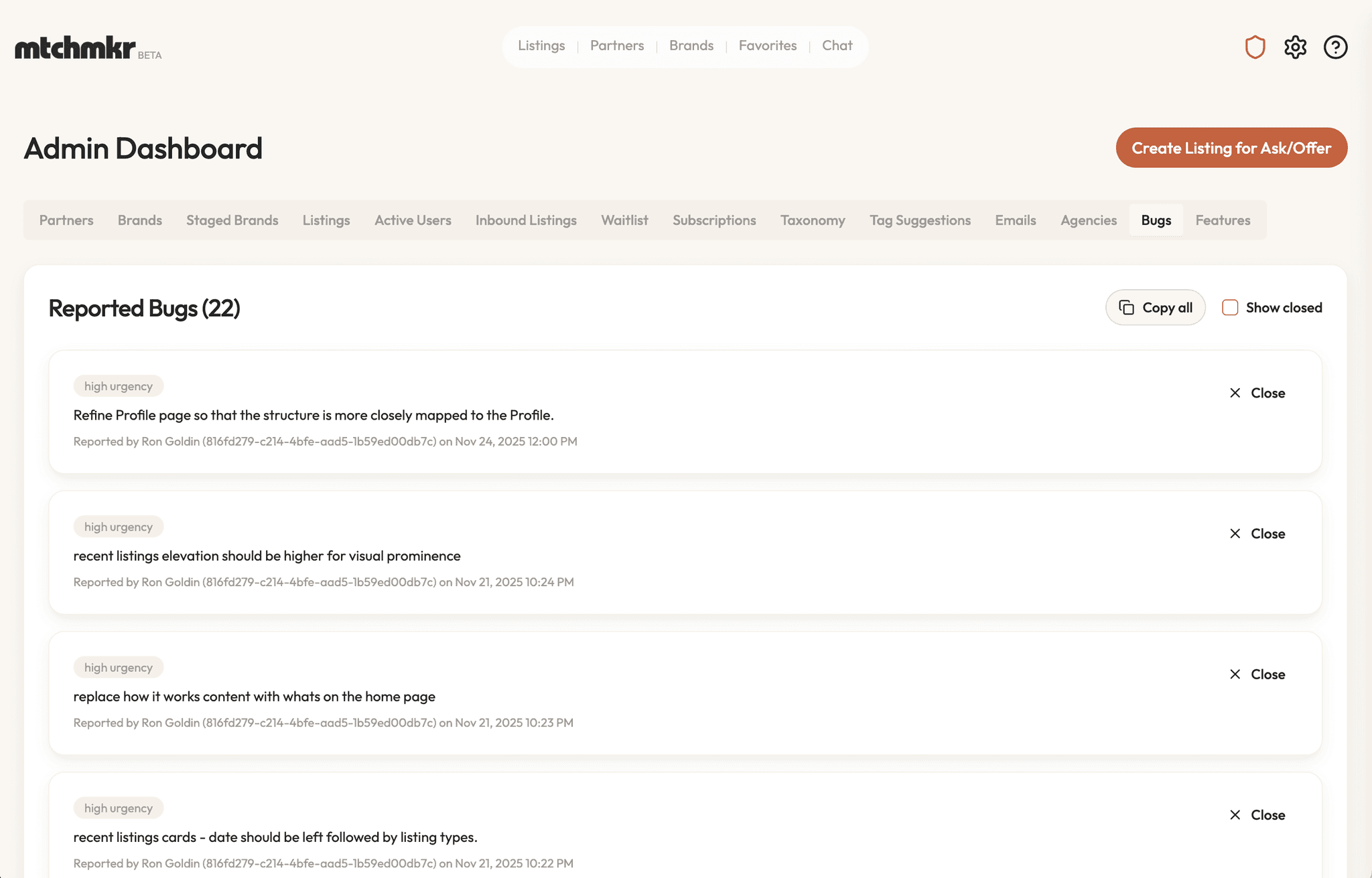 Admin dashboard with reported bugs