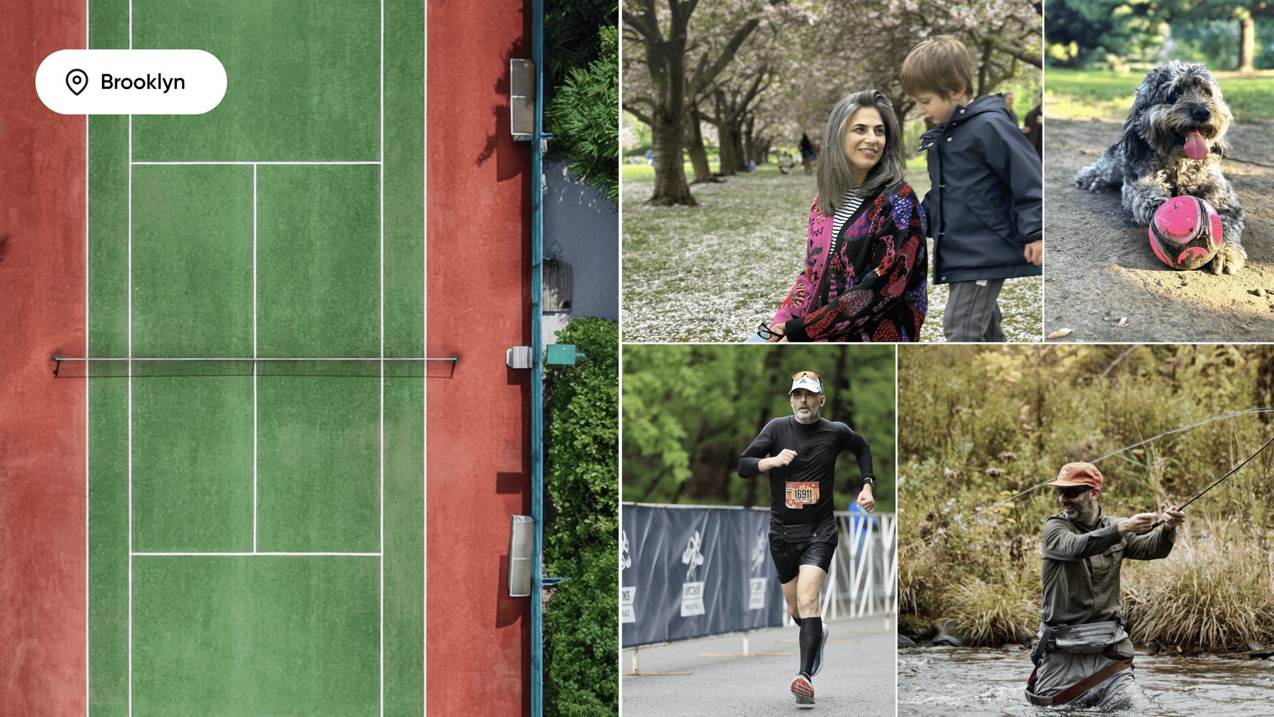 Life in Brooklyn: a tennis court from above, family in the park, the bernedoodle with a ball, running a race, and fly fishing in a river