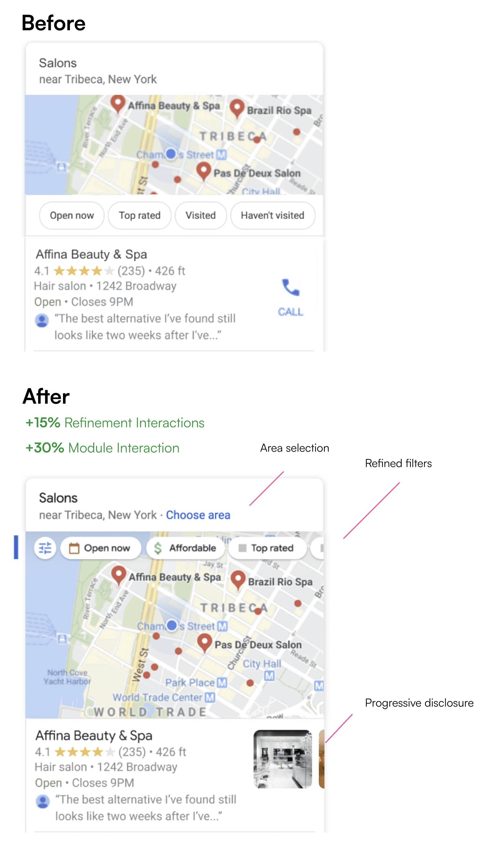 Before and after: the listing redesign, with +15% refinement interactions and +30% module interaction