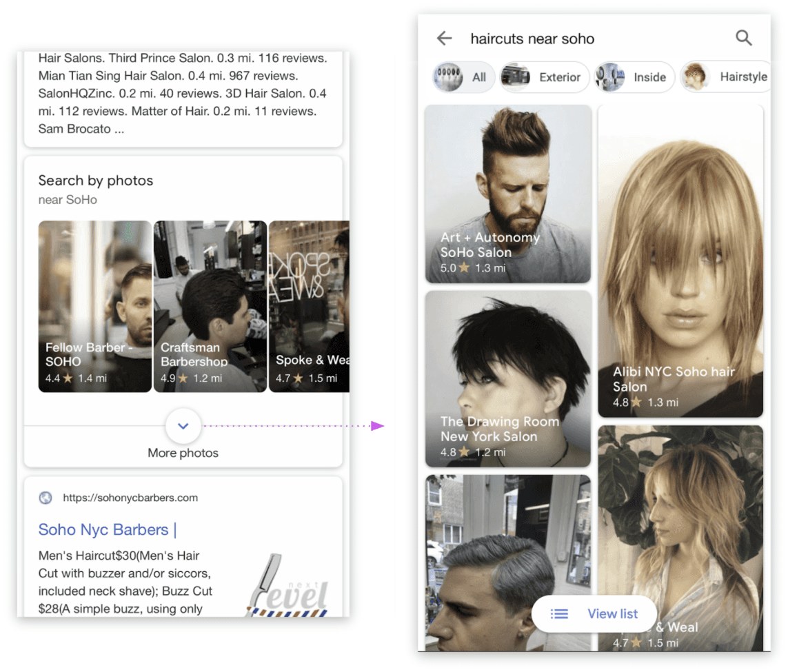 Immersives 1.0: a Search by photos module on results, expanding into an immersive photo grid