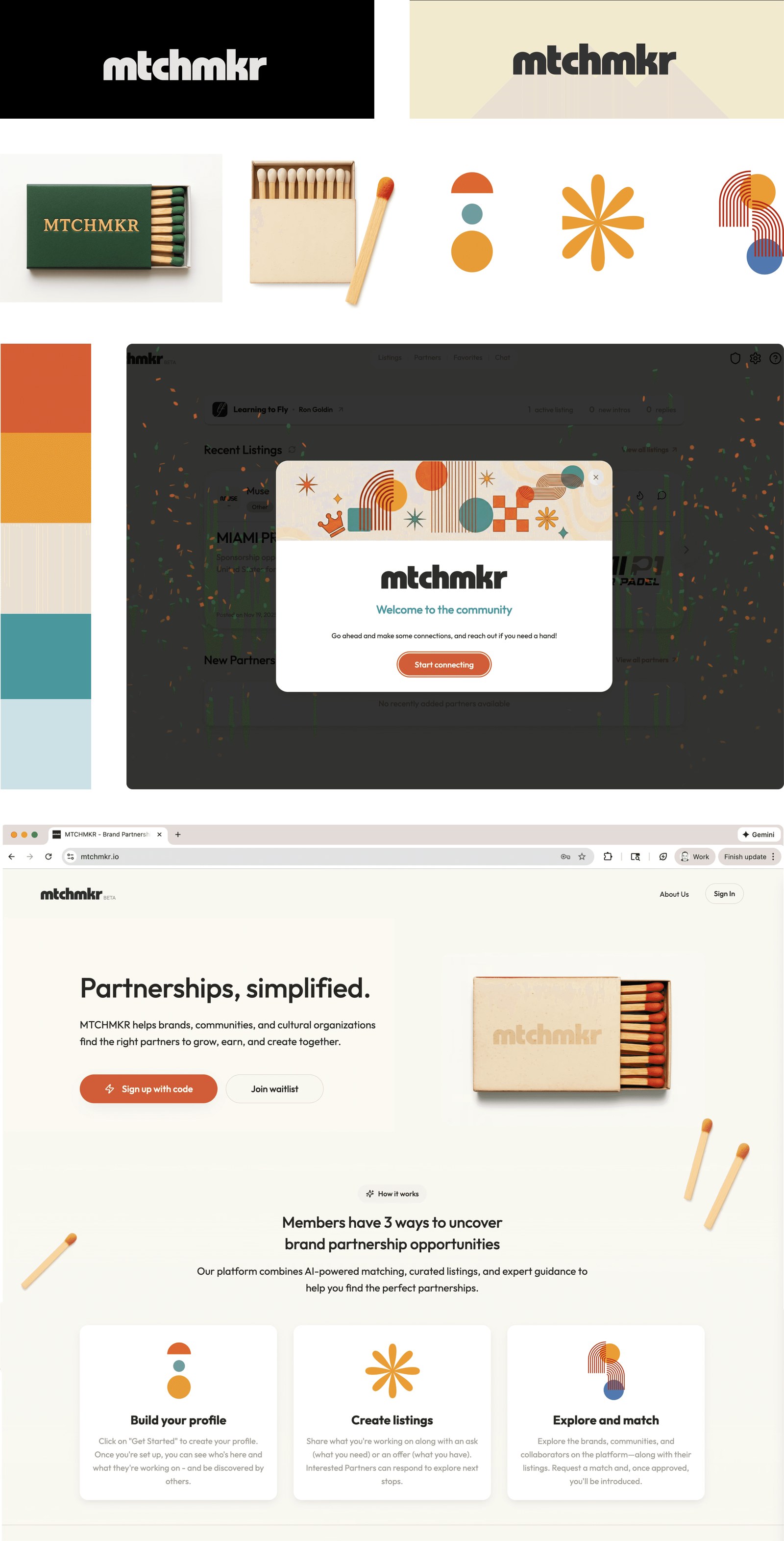 MTCHMKR brand system: logos, matchbooks and illustrations, the color palette beside the welcome screen, and the marketing home page