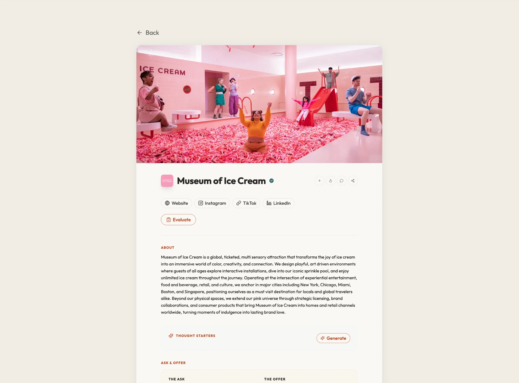 A brand profile: Museum of Ice Cream, with links, AI thought starters, and its ask and offer