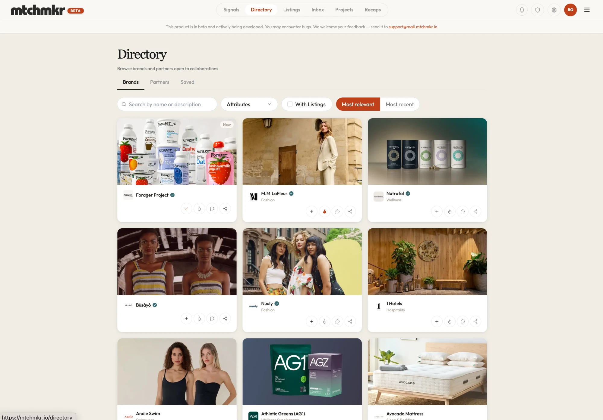 The MTCHMKR directory: brands open to collaborations, with search, attribute filters and sorting