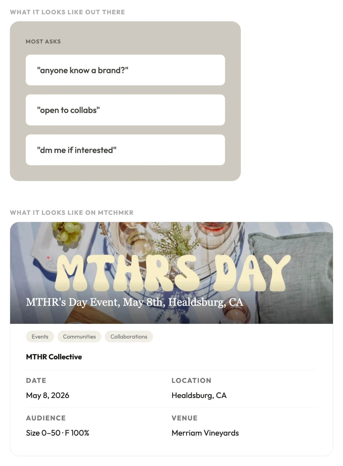 What it looks like out there: vague asks like “anyone know a brand?”, “open to collabs” and “dm me if interested”. What it looks like on MTCHMKR: a structured listing for MTHR’s Day Event with date, location, audience and venue