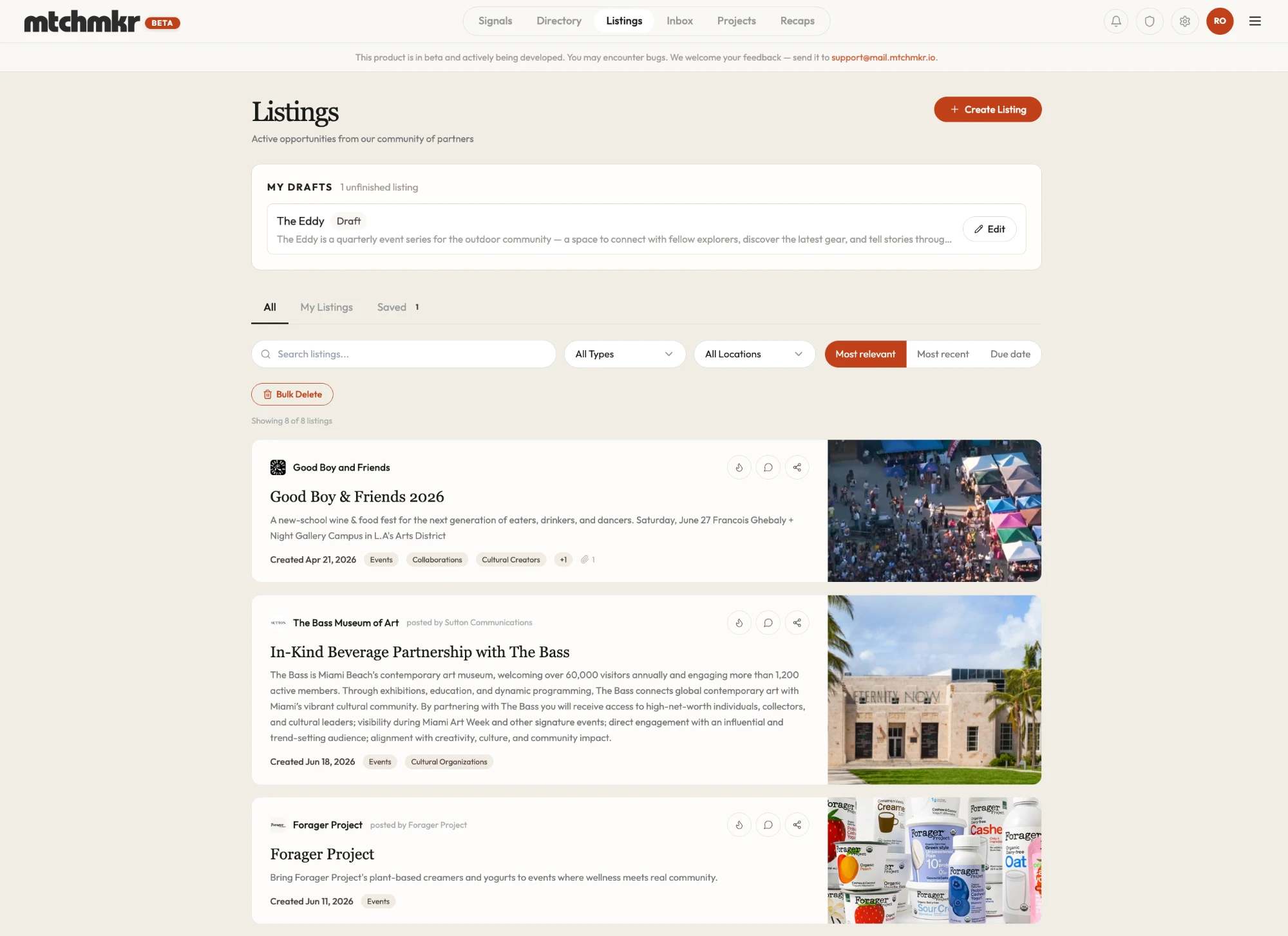 The Listings page: your drafts, then active opportunities from the community