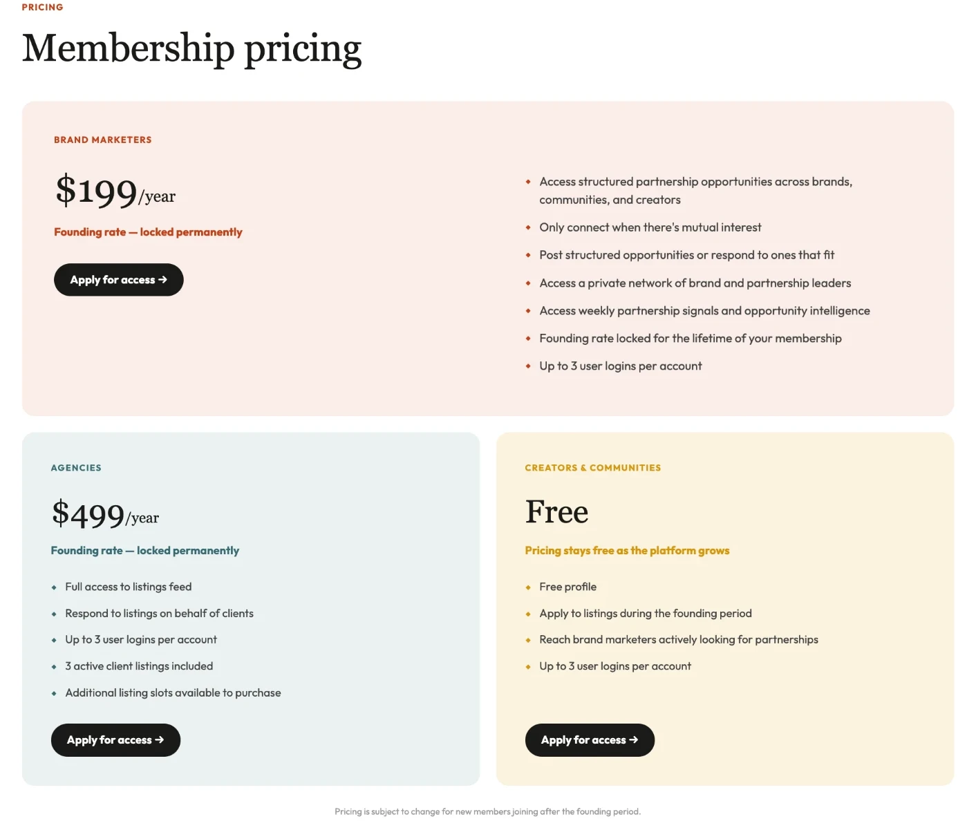 MTCHMKR membership pricing: brand marketers $199 a year and agencies $499 a year at a founding rate locked permanently; creators and communities free