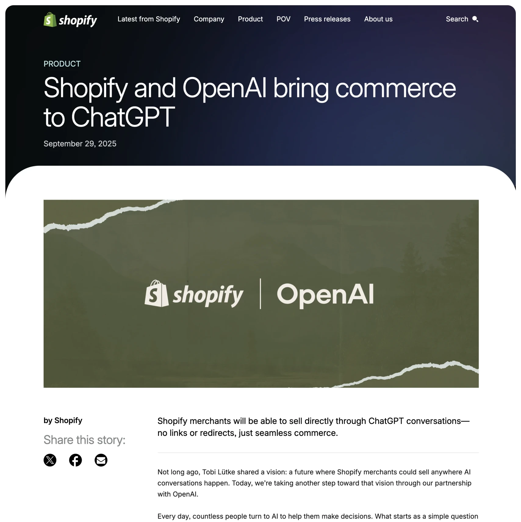 Shopify press release, September 29, 2025: Shopify and OpenAI bring commerce to ChatGPT