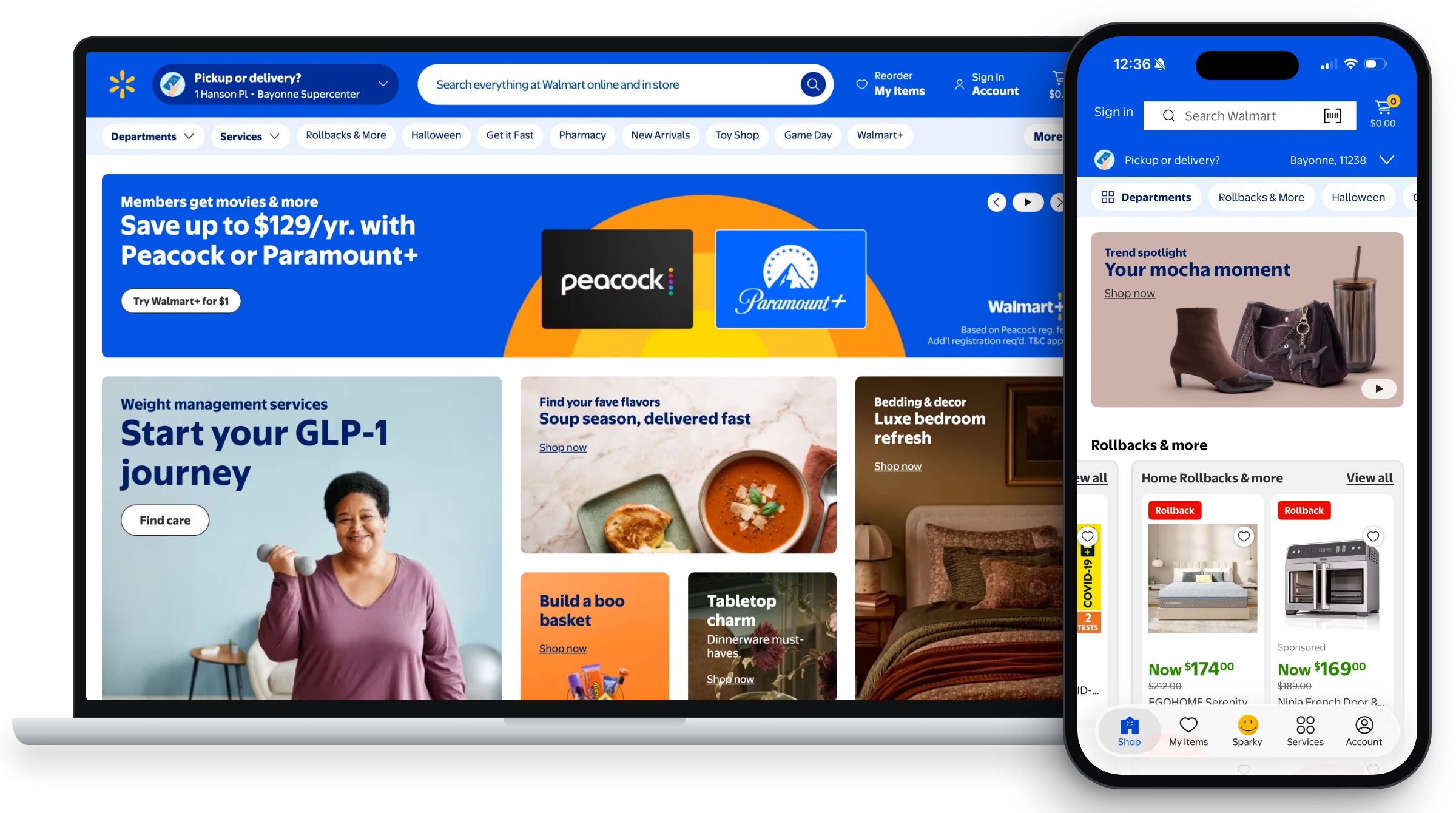 Walmart.com on a laptop and the Walmart app on a phone